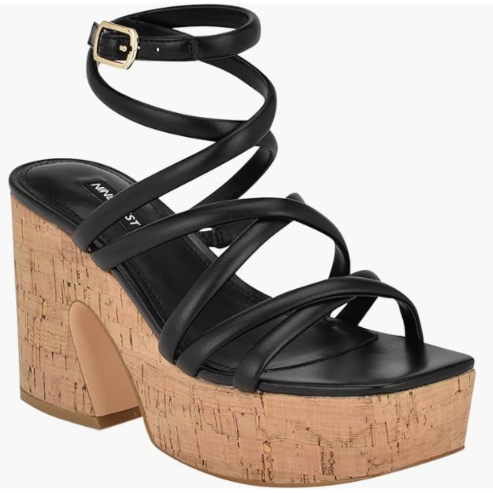 Nine West womens Platform Heel Sandal Strappy Corke3 Size 9M Black